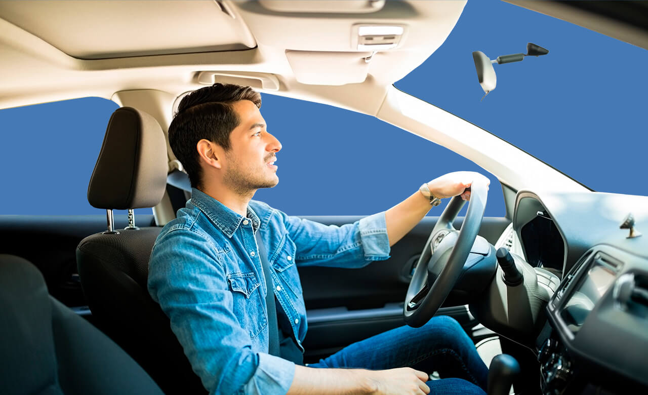 Woman smiling with headset wearing a blue jumper, on blue blackground